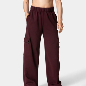 <b>Women's</b> Loose Fit Cargo <b>Pants</b> Solid Color Elastic Waist Terry Fabric Full Length Casual Autumn Wear with Utility Pockets - Product Image 5