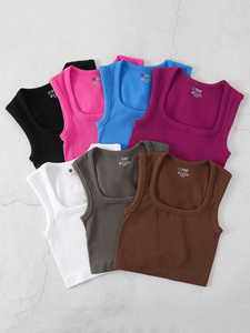 Solid Color Square Collar Sleeveless <b>Ribbed</b> Slim Fit Basic Racerback <b>Vest</b> Quick-dry Breathable Running Fitness Crop Tank Top - Product Image 4
