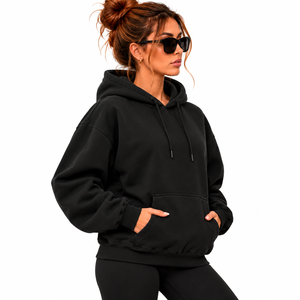<b>Women</b> Oversized <b>Fleece</b> Hoodie <b>Black</b> Solid Color Pullover Sweatshirt With Pockets Hooded Casual Streetwear Style - Product Image 4