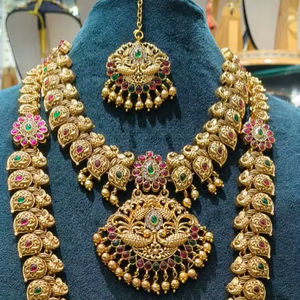 Antique Gold Plated High Quality Traditional <b>Crystal</b> South Indian Temple <b>Choker</b> Long <b>Necklace</b> Earrings Ring Bracelet Bridal - Product Image 2