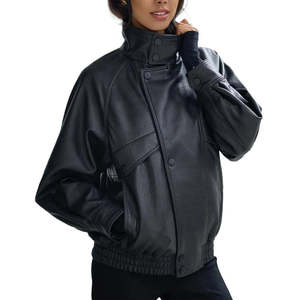 Oversized Women's Black <b>Leather</b> Jacket Genuine Cowhide High Neck Moto Streetwear Bomber Coat Winter Solid Zipper Windproof - Product Image 4