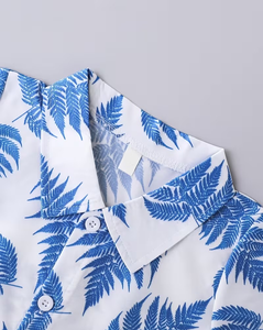 Boys Polyester/Cotton Printed Short Sleeve Shirt and Shorts Set Casual Summer Outfit Blue Leaf Pattern Woven Fabric - Product Image 3