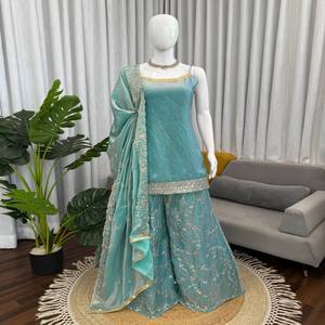 Conjunto de Kurta y Palazzo de Seda VASTRA COTTAGE con Lentejuelas y Bordado, Cintura Elástica, Dupatta Bordada, Ropa Étnica Festiva - Product Image 1