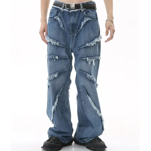 Jeans Holgados de Diseñador para Hombre, de Alta Calidad, Lavado Oscuro, con Parches Bordados, Estilo Desgastado, para Invierno/Primavera, 100% Algodón - Product Image 3