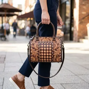 Vintage Women's <b>Handbag</b> Genuine Leather Bags Shoulder Bags Checkered Pattern Leather <b>Handbags</b> for Women - Product Image 1