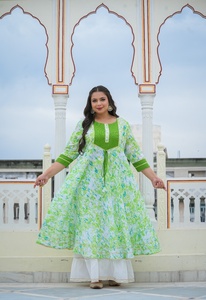 Cotton Viscose Tie And <b>Dye</b> Anarkali Kurta Women's Plus Size Round Neck Three Quarter Sleeves Flared Fit Casual Wear Green - Product Image 1