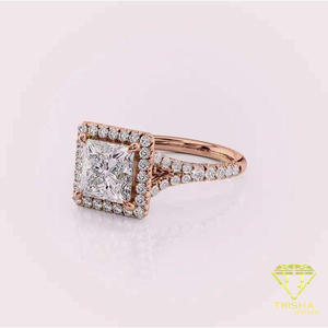 Bague de fiançailles en or blanc avec halo de diamants en moissanite taille princesse, double solitaire, bague de mariage de luxe, bague de promesse - Product Image 2