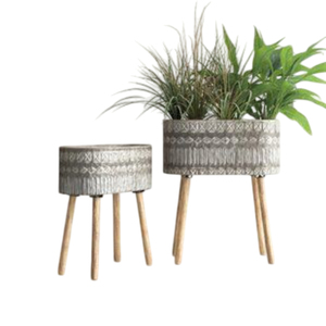 Ensemble de jardinières modernes en métal martelé argenté pour intérieur et extérieur avec support amovible en fer façonné, porte-pots de fleurs argent et gris - Product Image 6
