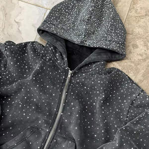 Vente en gros OEM, Sweat à capuche streetwear pour homme, personnalisable par broderie, robuste 360 GSM, délavé à l'acide, avec strass, coupe oversize, fermeture éclair, Automne - Product Image 4