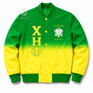 Chaqueta universitaria de satén ombré para mujer Chi Eta Phi con letras griegas bordadas, botones a presión y cuello y puños de punto acanalado, estilo Letterman - Product Image 1