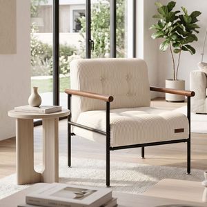 Modern Accent <b>Chair</b> with Metal Frame & Wood Armrests, Button Tufted Upholstered <b>Reading</b> <b>Chair</b> for Living Room, Bedroom & Lounge - Product Image 1