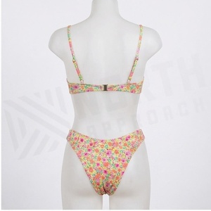 Ensemble bikini 2 pièces à imprimé floral pour femme, col plongeant, bas de maillot de bain string à nouer devant, maillot de bain extensible - Product Image 2