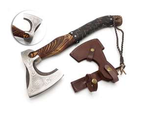 Hache de chasse en acier à haute teneur en carbone 1095, embossée, avec manche en bois, personnalisable pour le camping, l'abattage d'arbres, le bricolage en extérieur - Qualité industrielle - Product Image 1