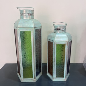 Vintage Iron <b>Lantern</b> <b>Set</b> of 2 with Colored Glass Handmade Candle <b>Lantern</b> for Ramadan Eid Home Wedding Decor - Product Image 5