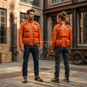 Custom <b>Mens</b> Orange Multi Pocket <b>Utility</b> Leather <b>Jacket</b> Wholesale High Quality Streetwear Outerwear Supplier OEM Manufacture - Product Image 5