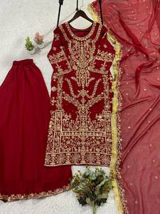 <b>Red</b> Classic A-Line Georgette <b>Sequined</b> Embroidered Party Dress with Dupatta Women Salwar Kameez Set Wedding Festival Wear - Product Image 6