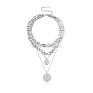 قلادة نسائية متعددة الطبقات وقلادة شهيرة 5 طبقات مكتنزة سلسلة كوبية قلادة منحوتة عملة الهيب هوب مجموعة الفولاذ المقاوم للصدأ - Product Image 5