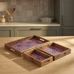 Juego de 3 bandejas de madera impresas hechas a mano, platos de madera de mango con asas, bandejas para té, desayuno, aperitivos, decorativas para la cocina - Product Image 4