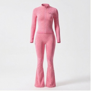 Conjunto de Yoga de 2 Piezas con Estampado de Leopardo Rosa, Cuello Alto, Pierna Ancha, Cintura Alta, Spandex, Poliéster, Ropa Deportiva - Product Image 3