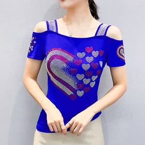 Robe Courte Femme Respirante à Manches Courtes, Coupe Ajustée, Motif Cœur Floral, Strass et Paillettes Brillantes, Sexy, Printemps/Été, pour Soirée en Boîte de Nuit - Product Image 3