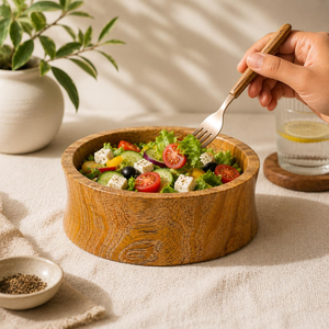 Bol à salade en bois de style farmhouse moderne, fait main, écologique, style bohème, design minimaliste décoratif FAIZA CRAFT FC-7118 - Product Image 1