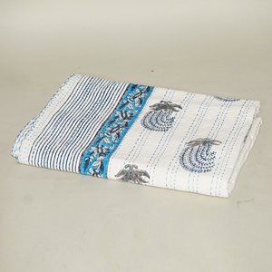 Handmade Organic Kantha Quilt Cotton <b>Bedspread</b> Reversible Lightweight Washable All Season Printed Floral Blue White for Beach - Product Image 2