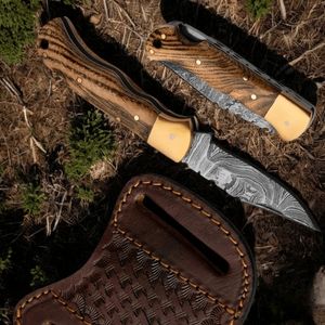 Cuchillos de Caza Plegables Decorativos con Mango de Madera Azul, Detalles de Remaches y Funda de Cuero Marrón para Caza, Camping y Senderismo - Product Image 5