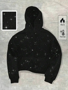 Sudadera con Capucha Extra Grande Personalizada, Diseño de Estrellas Brillantes Negras, Unisex, Informal, para Otoño, Manga Larga, Tejido de Punto - Product Image 2
