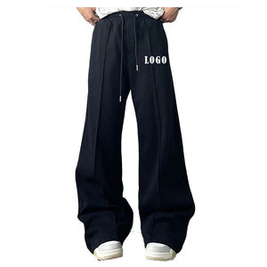 Pantalones anchos de felpa de algodón de gran tamaño, de pierna recta y amplia, de alta calidad, con doble cintura y corte acampanado. - Product Image 1