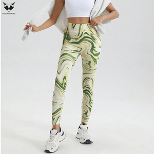 High Waist Full Length Yoga Leggings With Green Yellow <b>Marbled</b> Sublimation Transfer Four-Way Stretch Spandex Polyester Pants - Product Image 3