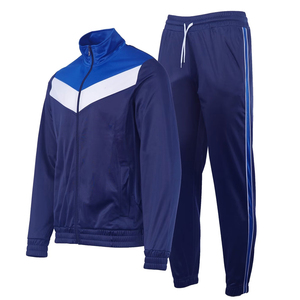 Ensemble de survêtement pour homme en polyester bleu avec veste zippée et pantalon à rayures latérales, idéal pour le sport et le jogging - Product Image 1