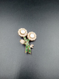 AMAIRA JEWELS Flower Shape Gold Plated Brooch Moissanite Polki Red Doublet Stone Green Enamel Stem Unisex Fashion Accessory - Product Image 4