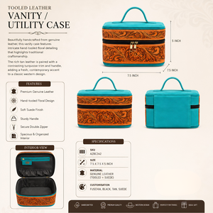 Tooled Leather Vanity Case Utility <b>Box</b> |Turquoise Suede <b>Makeup</b> Organizer, Travel Cosmetic Bag Handmade | OEM Export India 2026 - Product Image 3