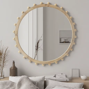 Unique Round Wood & Bone Inlay <b>Framed</b> Glass Wall <b>Mirror</b> with Beads Handcrafted Contemporary Decorative Wall Art REHMAN CRAFT - Product Image 2