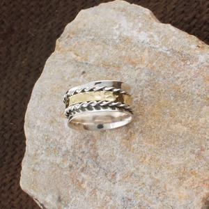Wholesale 925 Sterling Silver Mixed Metal Women's Amethyst Gemstone <b>Spinner</b> <b>Ring</b> Hammered Brass Twisted Rope Triple Band - Product Image 1