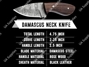 มีดคอเหล็กดามัสกัสตีขึ้นรูปด้วยมือขนาดเล็ก EDC - มีดพกพา/มีดคล้องคอคมกริบ ด้ามไม้พะยูง พร้อมปลอก มีดขายส่งแบบ OEM/ODM - Product Image 3