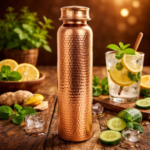 Botella de Agua de Cobre Puro con Acabado Martillado, a Prueba de Fugas, Beneficios Ayurvédicos para la Salud, Botella Deportiva para Yoga y Gimnasio, Artículos de Cobre de Lujo, 1000 ml - Product Image 1