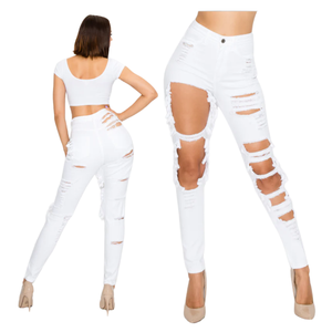 2024 calidad superior personalizado de las mujeres de cintura alta Skinny Denim Jeans atemporal fresco desgastado diseño agujeros bajo costo hecho corto - Product Image 2