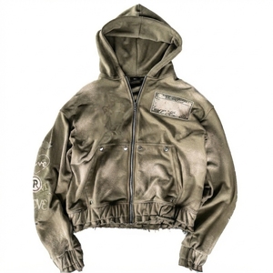 Chaqueta con Capucha y Cremallera Extra Grande para Hombre, Color Verde Oliva, Diseño con Bolsillos Estampados, Resistente al Viento, Estilo Casual, Manga Regular, Tejido de Tela - Product Image 1