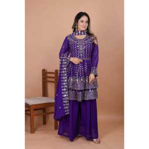 Traje Sharara de Chifón para Fiestas, Elegante con Bordado de Lentejuelas - Product Image 4