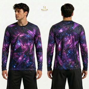 เสื้อยืดแขนยาวโพลีเอสเตอร์พิมพ์ลายกาแล็กซี่สีชมพูเข้ม แห้งเร็ว ระบายอากาศได้ดี เหมาะสำหรับการฝึกซ้อมกีฬา - Product Image 1