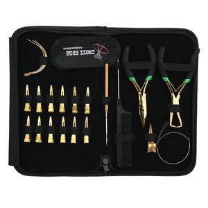Juego de herramientas para extensiones de cabello doradas con alicates de crimpado de microanillos, alicates para abrir cuentas, agujas curvas, tira de velcro para cabello, herramienta para uso en salón. - Product Image 1
