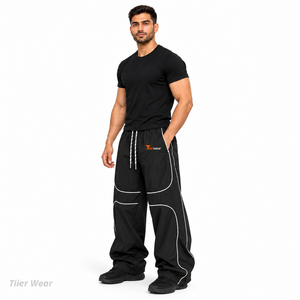 <b>Men's</b> Wide Leg Windbreaker Pants Drawstring Elastic Waist Sporty <b>Trousers</b> with <b>White</b> Piping Lightweight Windbreaker <b>Trouser</b> - Product Image 2