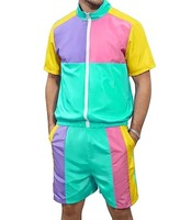 Ensemble de survêtement pour homme à blocs de couleur, manches courtes, fermeture éclair sur le devant, sportif, léger, été, polyester, avec poches latérales