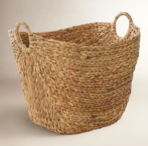 Panier rond en fibres végétales tissées avec poignées, panier de rangement décoratif bohème, pièce unique - Product Image 1