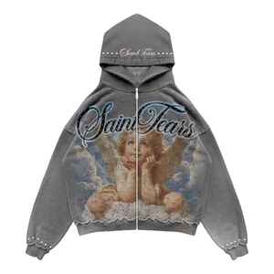 Sweat à capuche zippé court et ample pour homme en coton délavé avec motif graphique en strass, style streetwear personnalisé - Product Image 1