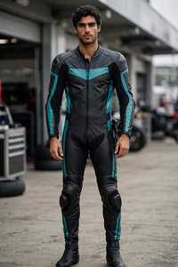Men Leather Motorcycle Racing Suit <b>Black</b> Teal Color Blocked Full Sleeve <b>One</b> Piece <b>Bodysuit</b> - Product Image 5