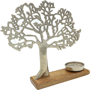 Porte-bougie de Noël en forme d'arbre sur base en bois de manguier, métal argenté pour bougies chauffe-plat, dimensions élégantes, décoration raffinée - Product Image 4