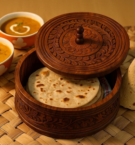 Corbeille à pain en bois au design moderne, écologique, avec couvercle en bois brun, pour chapati, roti, ou comme bol de service pour la cuisine - Product Image 2