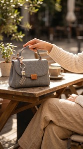 Bolso de Mano Formal de Lino Gris Premium para Mujer, Bolso Elegante con Asa Superior y Detalles en Cuero Marrón - Product Image 4